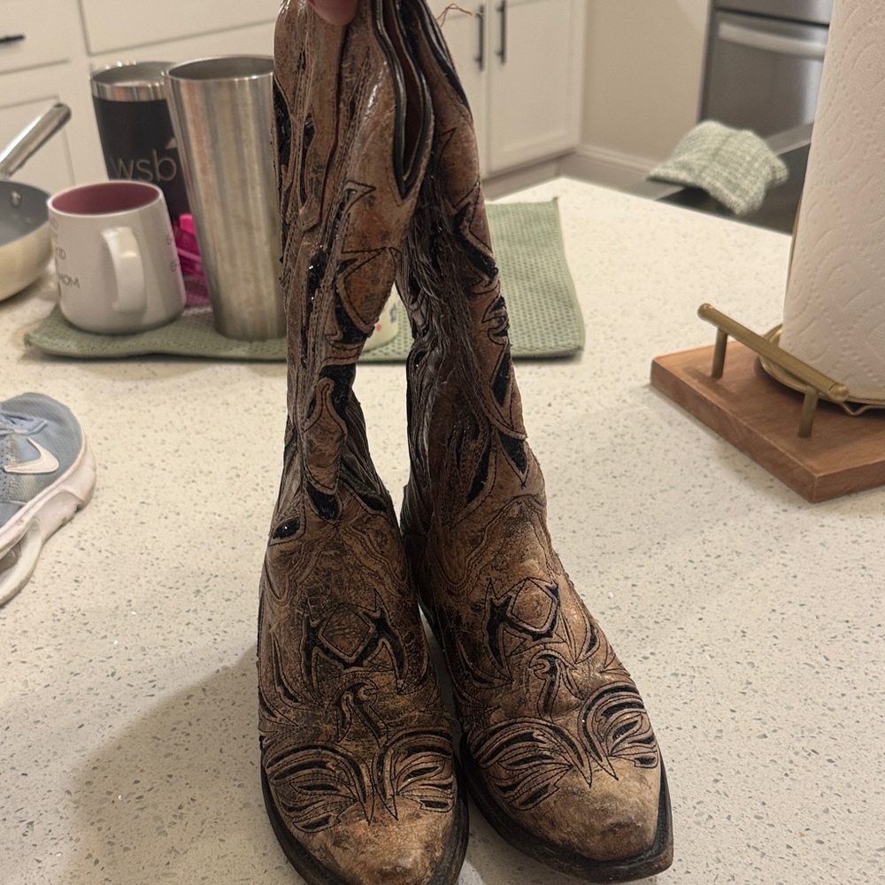 Brown Embroidered Heeled Boots